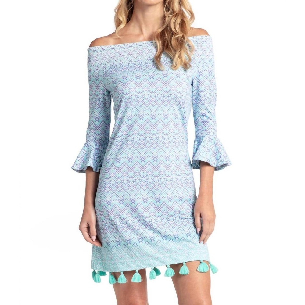 Cabana Life Coverluxe Naples Smocked Off-Shoulder Dress Blue XL NWT